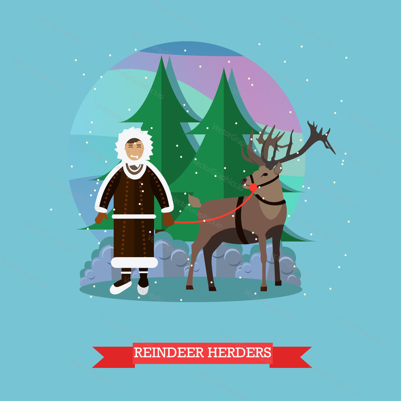 Vector illustration of northern landscape with eskimo male and reindeer. Reindeer herder concept design element in flat style.