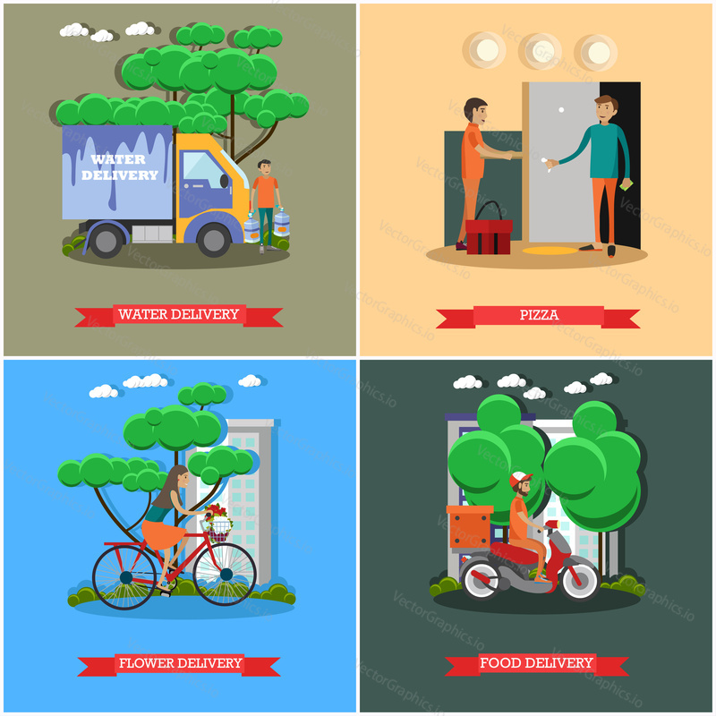 Vector set of delivery posters. Water delivery, Pizza, Flower delivery and Food delivery flat style design elements.