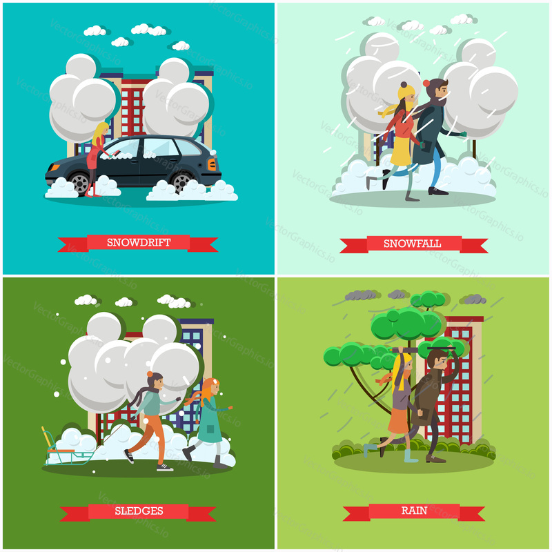 Vector set of weather concept posters. Snowdrift, Snowfall, Sledge and Rain flat style design elements.