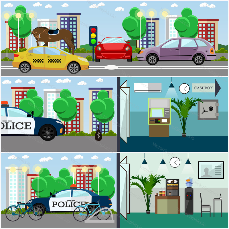Векторный набор концептуальных плакатов полицейского интерьера, баннеров. Полицейский участок, полицейский транспорт, уличное движение, автостоянка и велосипедная стоянка, элементы дизайна городского пейзажа в плоском стиле.