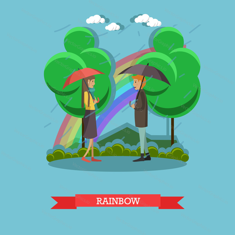Vector illustration of young couple walking in the rain with umbrellas. Blue sky crested with rainbow, flat style design element.