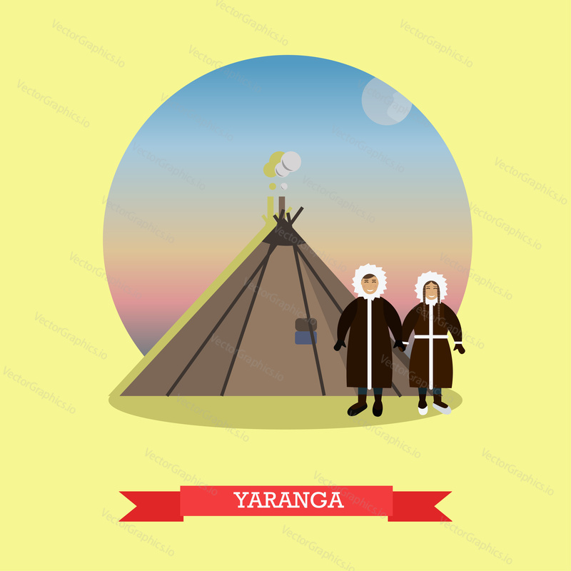 Vector illustration of Chukchi couple, nomadic northern indigenous people of Russia and yaranga, their traditional home. Flat style design element.