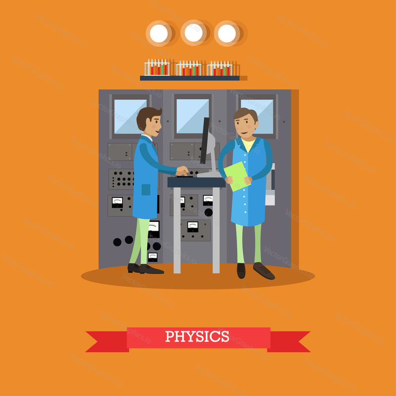 Physics research concept vector illustration in flat style. Physicists males carrying out experiment. laboratory interior with glassware and equipment.