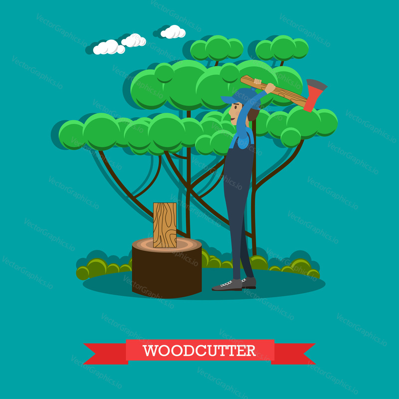 Vector Illustration of young man lumberjack chopping wood. Woodcutter flat style design element.