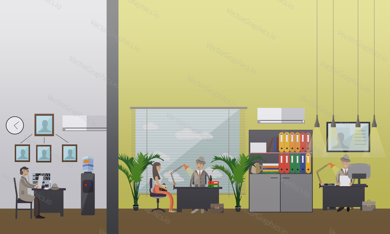 Vector illustration of private detectives working at office. Detective agency or office interior. Flat style design elements.