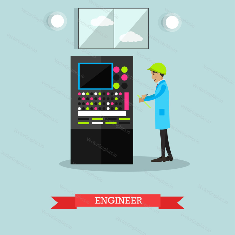 Vector illustration of factory engineer. Manufacturing engineer flat style design element.
