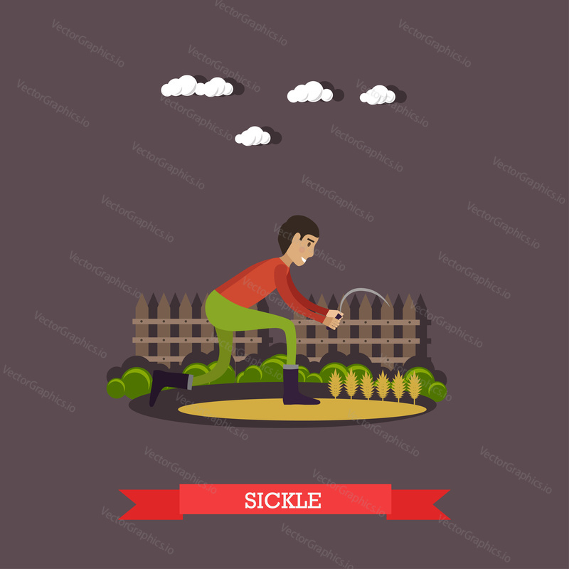Vector illustration of farm worker reaping grain crops or cutting dried forage with sickle in flat style.