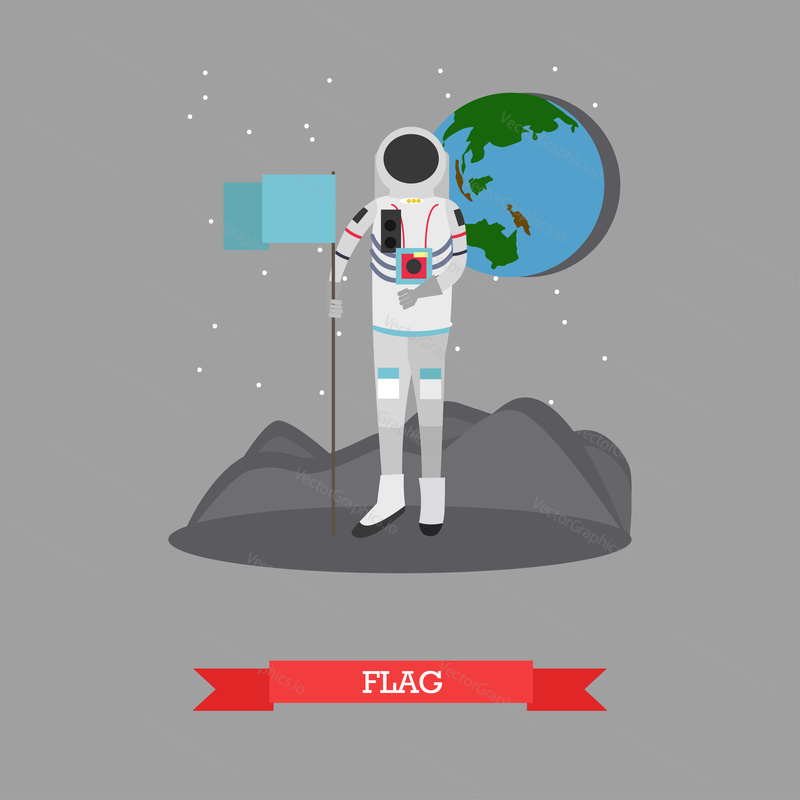 Vector illustration of astronaut standing on surface of new planet with flag. Space Pioneer, space explorer design element in flat style.