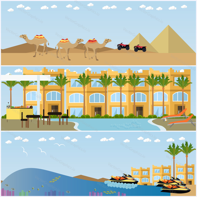 Векторный набор плакатов с египетскими курортами и известными местами. Пустыня Сахара с верблюдами и древний Египет с египетскими пирамидами, отель с бассейном курорта и элементами дизайна в стиле пляжной квартиры.