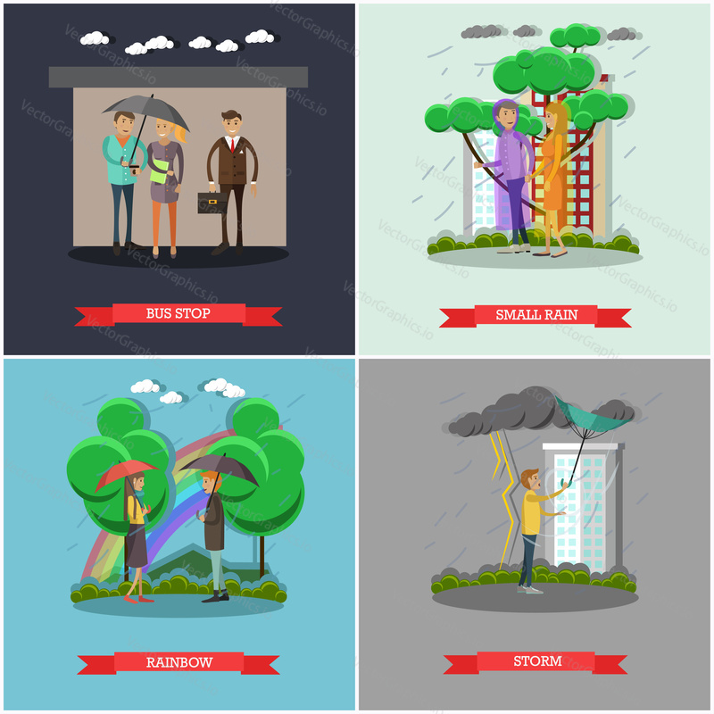 Векторный набор концептуальных плакатов о дождливой погоде. Автобусная остановка, Мелкий дождь, Радуга и штормовые элементы дизайна в плоском стиле.