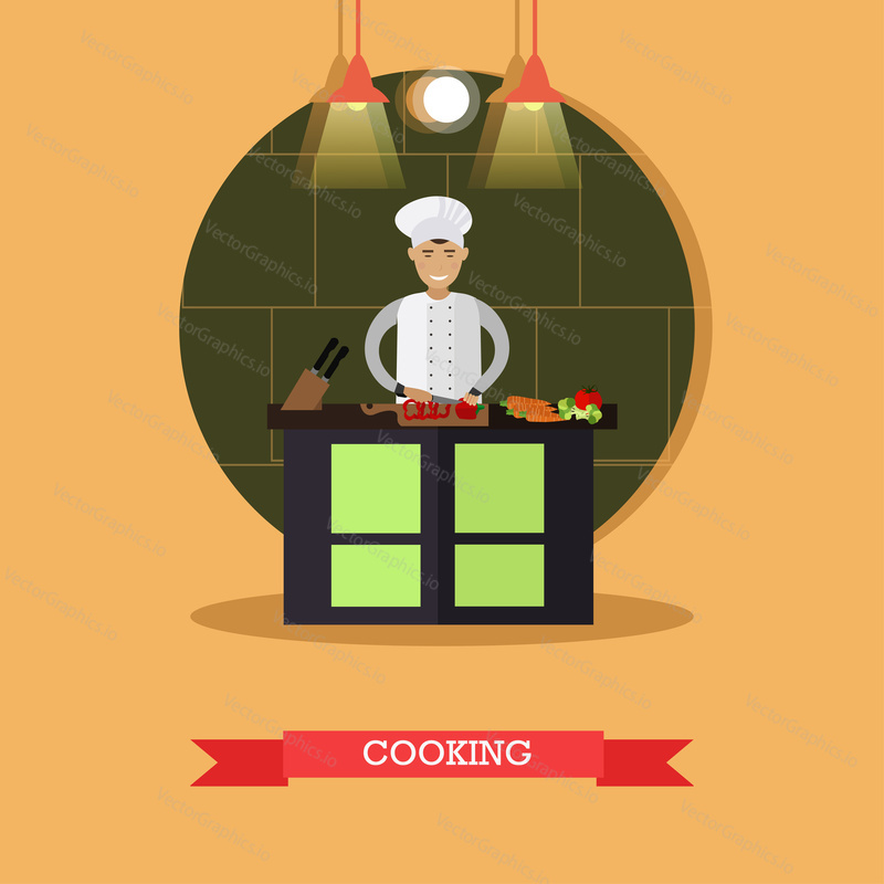 Vector illustration of cook male slicing vegetables. Restaurant kitchen interior. Cooking flat style design element.