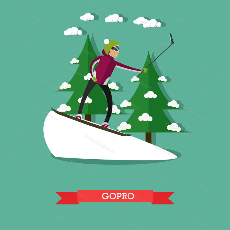 Векторная иллюстрация сноубордиста на трассе, делающего селфи с помощью экшн-камеры gopro и монопода gostick. Дизайн в плоском стиле.