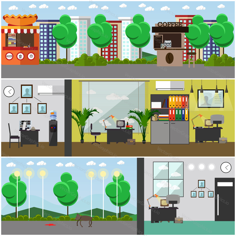 Vector set of detective office interior posters. Outdoor crime scene. Flat style design elements.