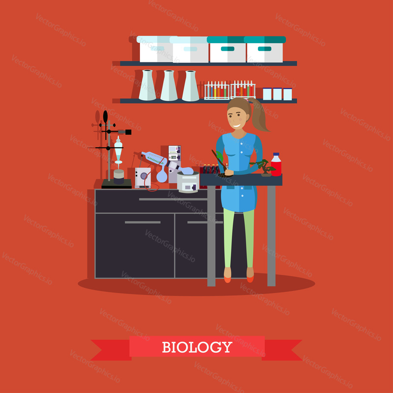 Векторная иллюстрация концепции биологии в плоском стиле. Интерьер биологической лаборатории с лабораторной посудой и оборудованием. Женщина-биолог проводит эксперимент.