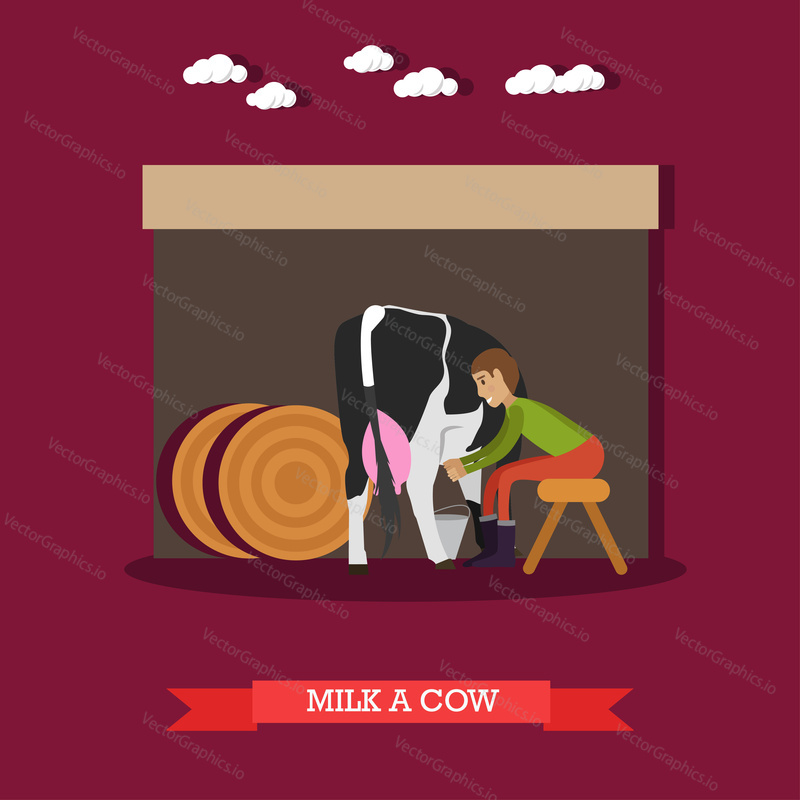 Vector illustration of milker milking cow. Dairy farm, farming concept design element in flat style.