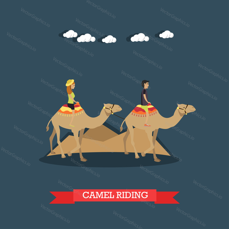 Vector illustration of tourists young couple riding camels. Trip to Egypt concept flat style design element.