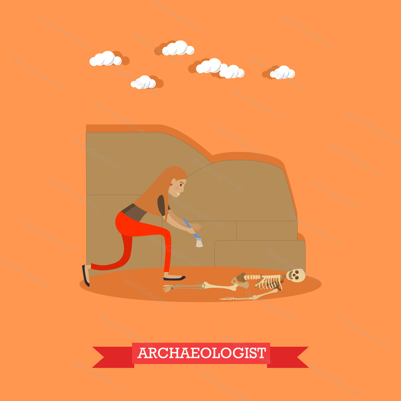 Vector illustration of archaeologist female working at archaeological site. Human remains. Archaeologist profession design element in flat style.
