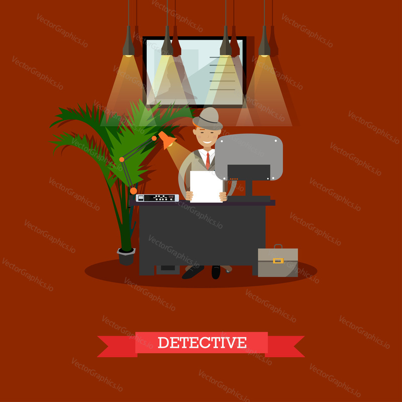 Vector illustration of detective working at office. Detective agency interior. Flat style design.