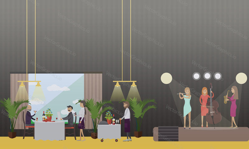 Vector illustration of musicians performing on restaurant stage, people visitors having dinner and listening to music. Flat style design.