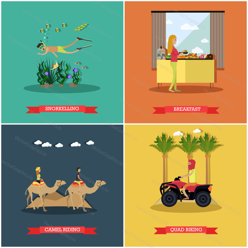 Vector set of Egypt concept posters, banners. Snorkeling, Breakfast, Camel riding, Quad biking flat style design elements.