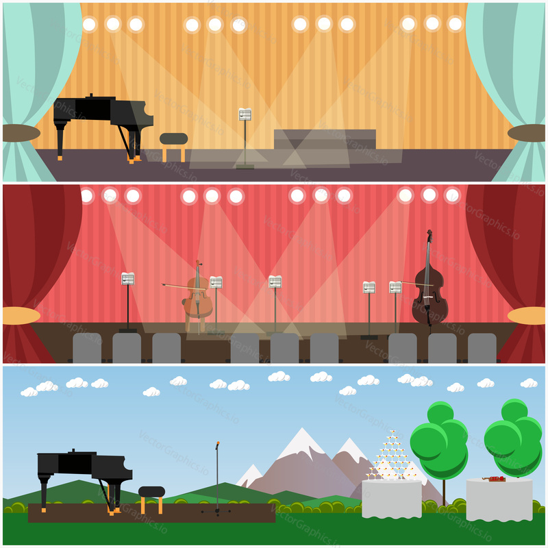 Vector set of concert hall, philharmonic society, theater interior posters, banners. Mountain landscape, outdoor stage, musical instruments design elements in flat style.