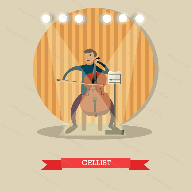 Vector illustration of young musician playing cello. Cellist playing classical music flat style design element.
