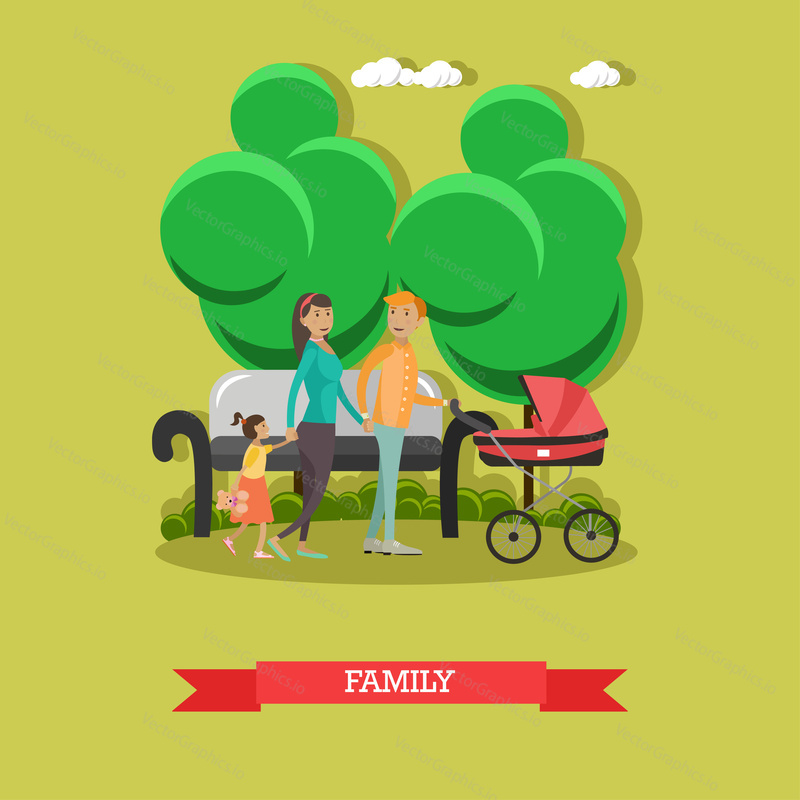 Vector illustration of father, mother walking in the park with their kids. Happy family concept design element in flat style.