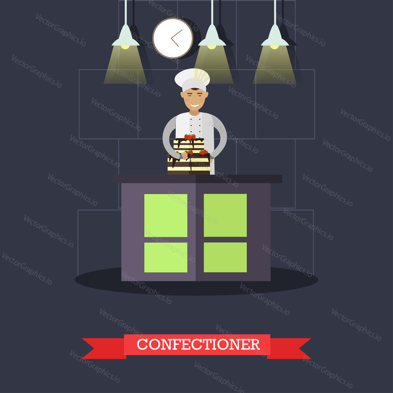 Vector illustration of confectioner and big cake with two tiers. Restaurant kitchen, bakery or candy store interior, flat style design elements.