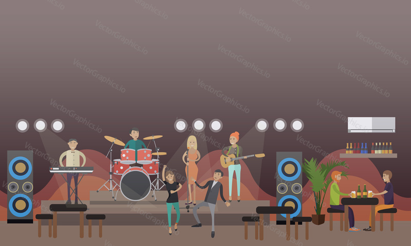 Rock band live music concert vector illustration. People dancing to music and drinking beer. Club party design element in flat style.