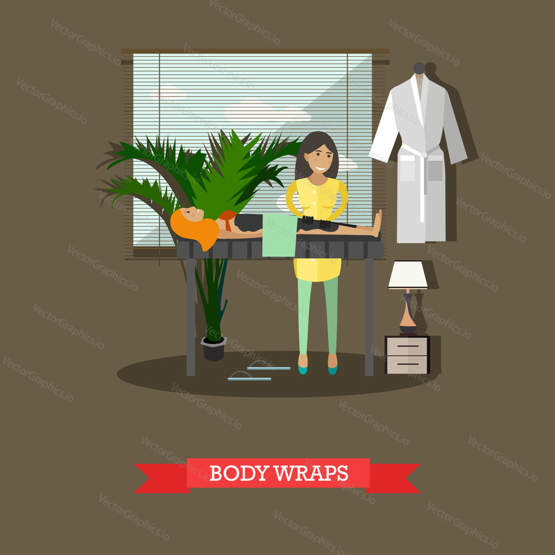 Vector illustration of woman enjoying spa body treatment, taking warming body wraps. Spa services concept design element in flat style.