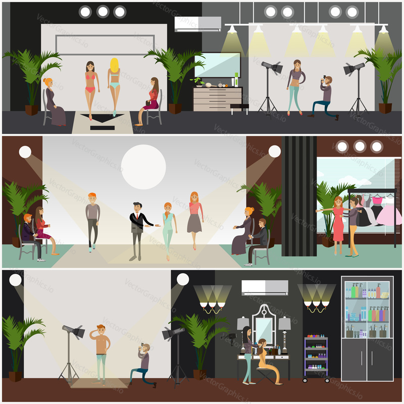 Vector set of fashion posters, banners. Models with fashion designer walking down catwalk to display clothing and swimsuits. Makeup artist, photographer, clothes stylist. Flat style design elements.