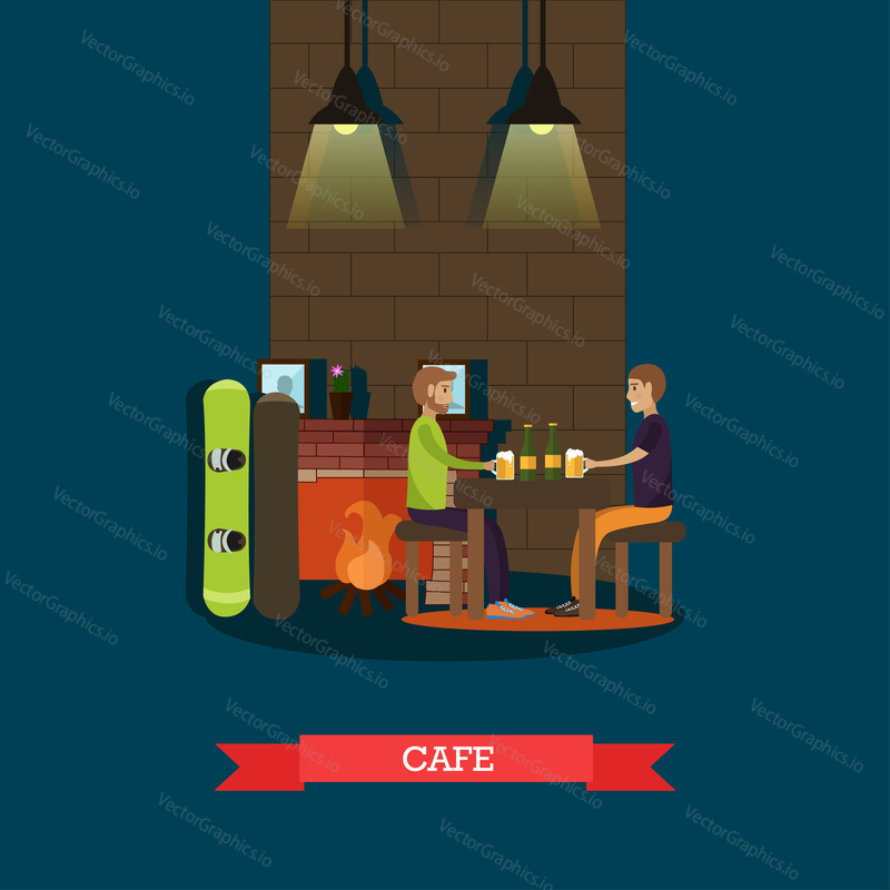 Mountain cafe vector illustration. Snowboarders males sitting at fireplace and drinking beer flat style design element.