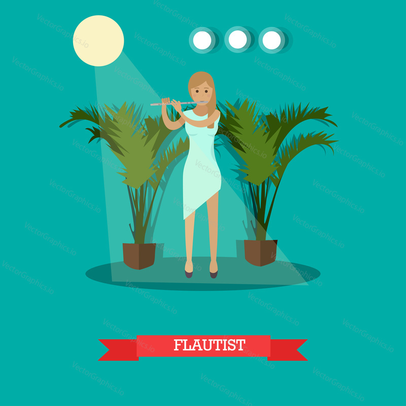 Vector illustration of musician flutist playing a flute woodwind musical instrument. Young woman flautist flat style design element.