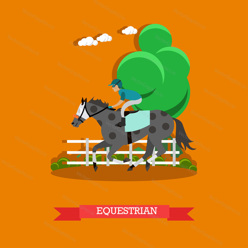 Vector illustration of beautiful dappled race horse and jockey young man. Equestrian sport concept vector illustration in flat style.