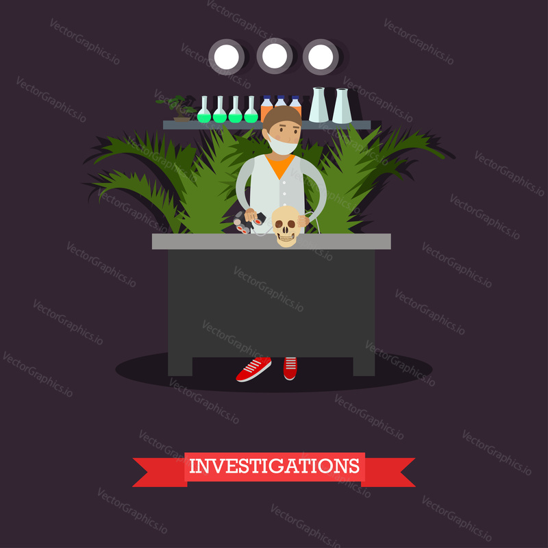 Vector illustration of archaeologist scientist male working at laboratory using modern equipment. Archaeological investigations concept design element in flat style.