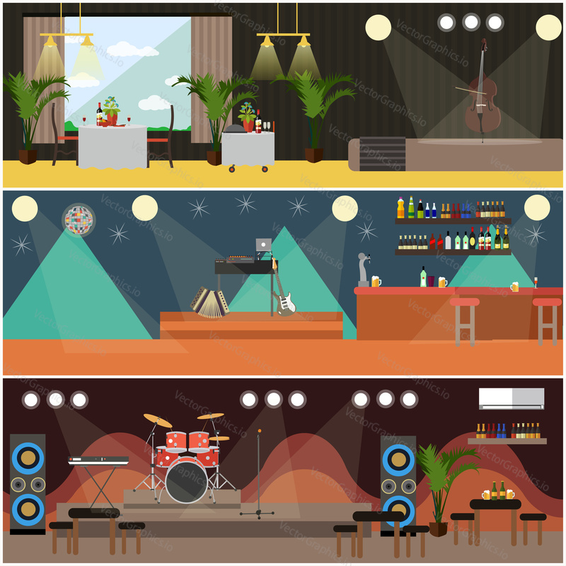 Vector set of posters with musicians performing on stage of night club, disco club, in restaurant. People dancing to music flat style design elements.
