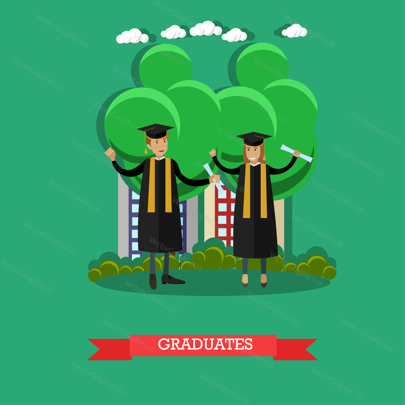 Vector illustration of happy graduates male and female with diplomas. Young people wearing graduation gowns and hats flat style design.