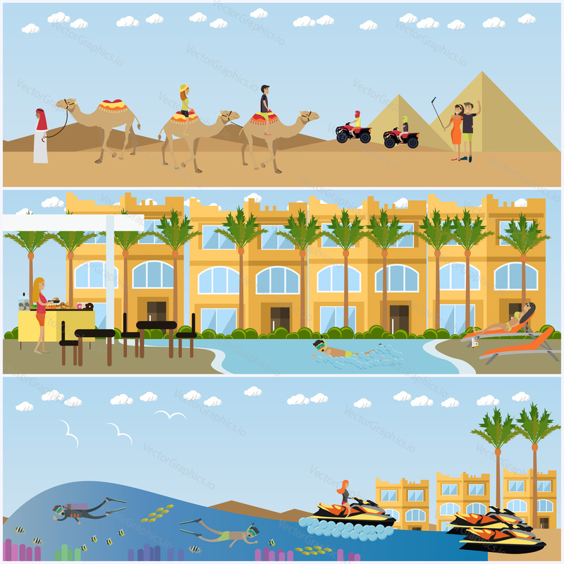 Vector set of holiday in Egypt concept posters. Beach vacation, travel to Sahara desert and rest at resort swimming pool flat style design elements.