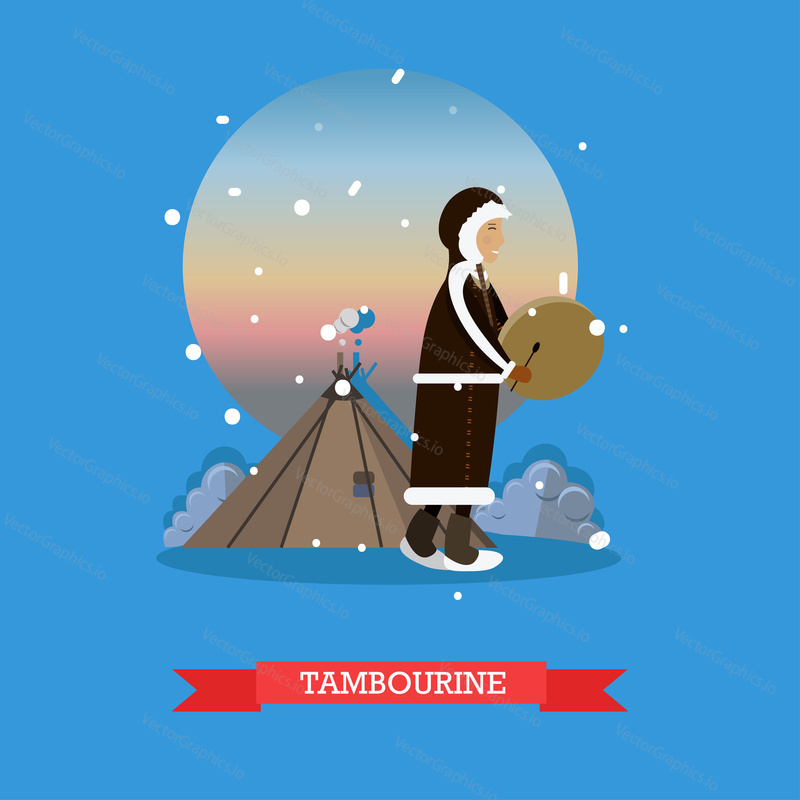 Vector illustration of smiling eskimo, chukchi character playing tambourine. Arctic landscape, northern people lifestyle flat style design elements.