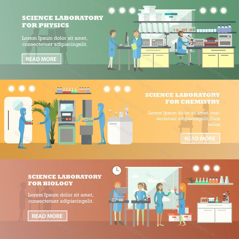 Vector set of scientific research laboratory horizontal banners. Science laboratory for physics, for chemistry and for biology concept design elements in flat style.