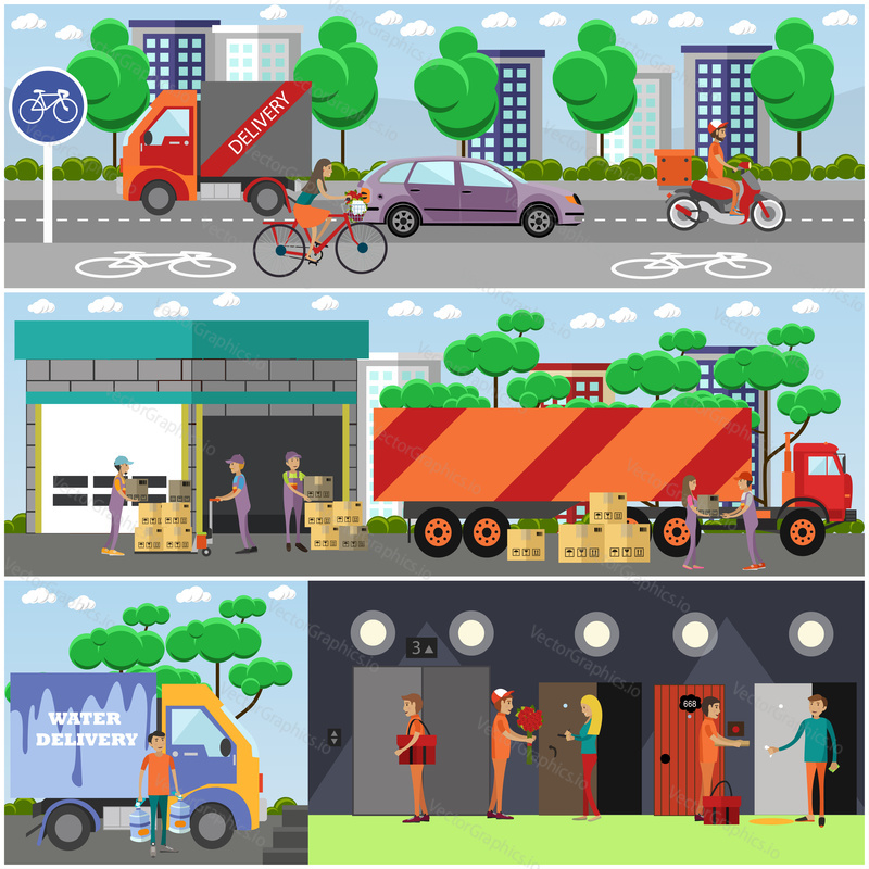 Векторный набор плакатов с доставкой еды, баннеров. Курьеры, доставляющие еду на велосипеде, грузовике и мотороллере. Доставка цветов и воды. Дизайн в плоском стиле.