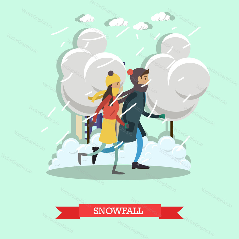 Snowfall concept vector illustration. Winter weather with heavy snowfall and wind. Young couple boy and girl walking in the street, flat style design.