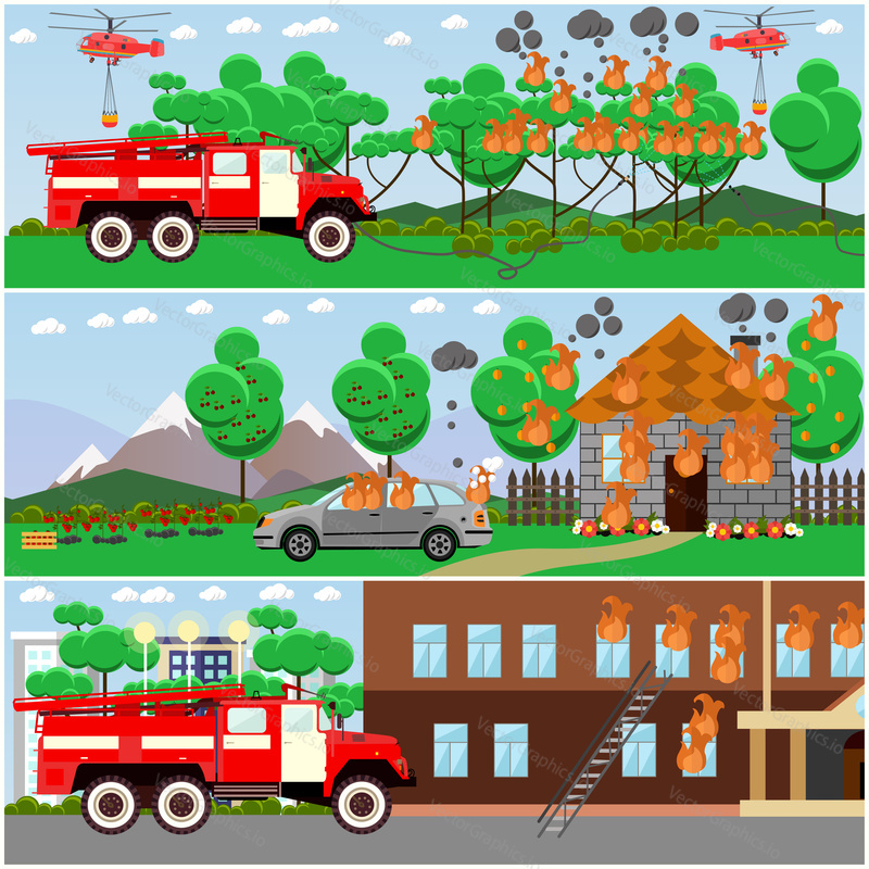 Vector set of fire posters, banners. Forest fire, fire in city and cottage houses, in transport. Flat style design elements.