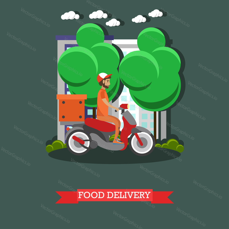 Vector illustration of delivery man riding scooter. Delivery courier delivering food by motorcycle flat style design element.