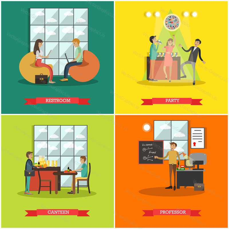 Vector set of college posters. Common room, Disco party, Canteen and Professor flat style design elements.