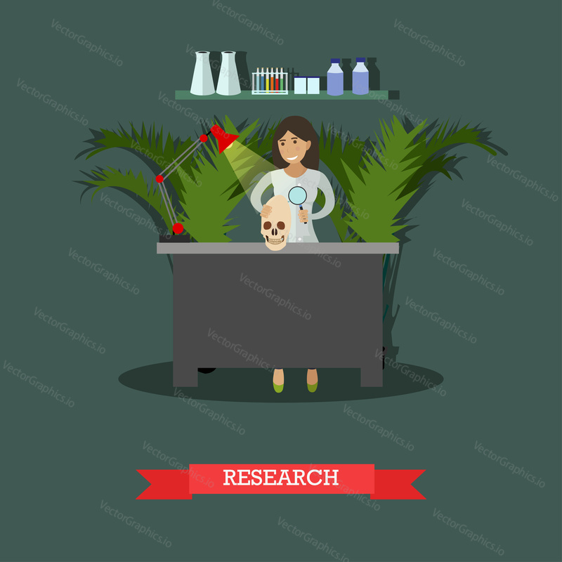 Vector illustration of archaeologist scientist female working at laboratory. Archaeological research concept design element in flat style.
