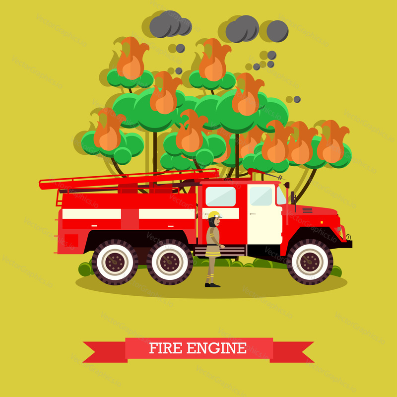 Vector illustration of fire engine. Fire truck and firefighter in fire protection suit and helmet design element in flat style.