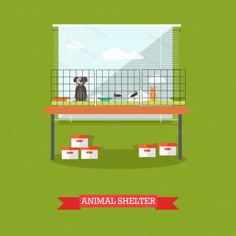 Animal shelter vector illustration. Cat and dogs in cages design elements in flat style.