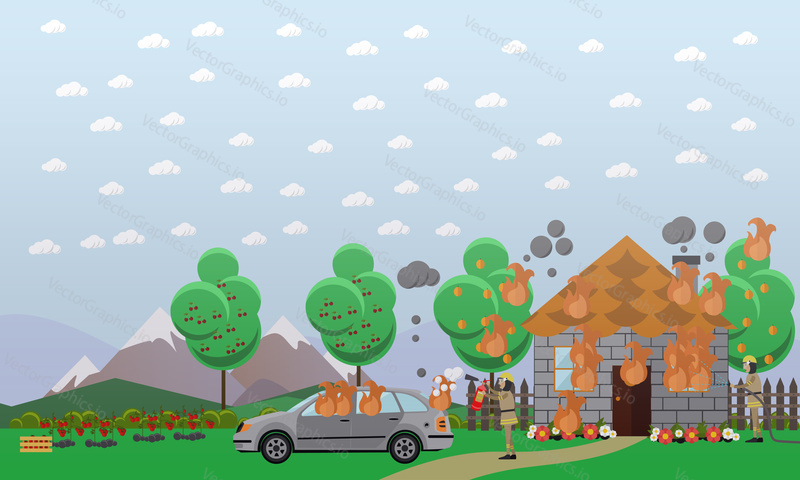 Vector illustration of firefighters in protective clothing and helmets extinguishing fire in country house and in car. Burning vacation house flat style design element.