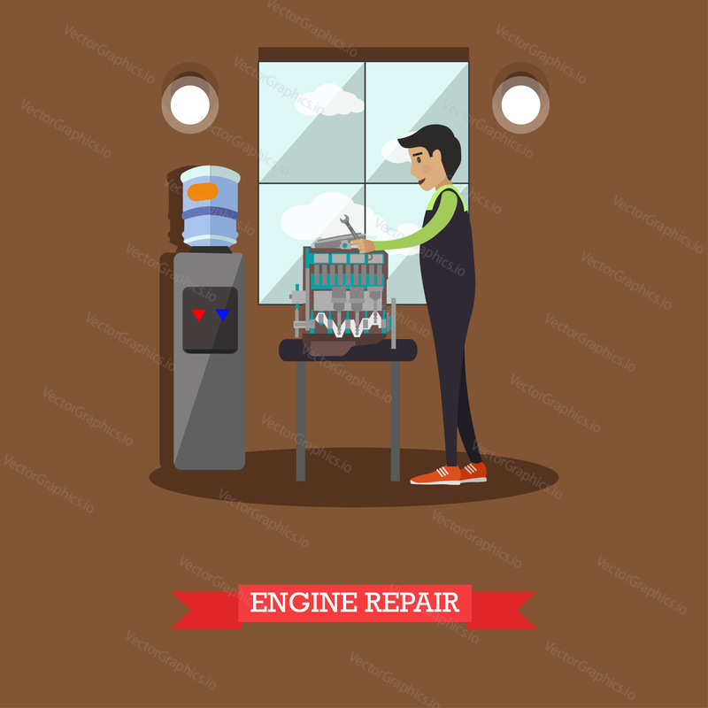 Engine repair concept vector illustration. Mechanic young man repairing automobile engine, motor. Auto repair shop services flat style design.